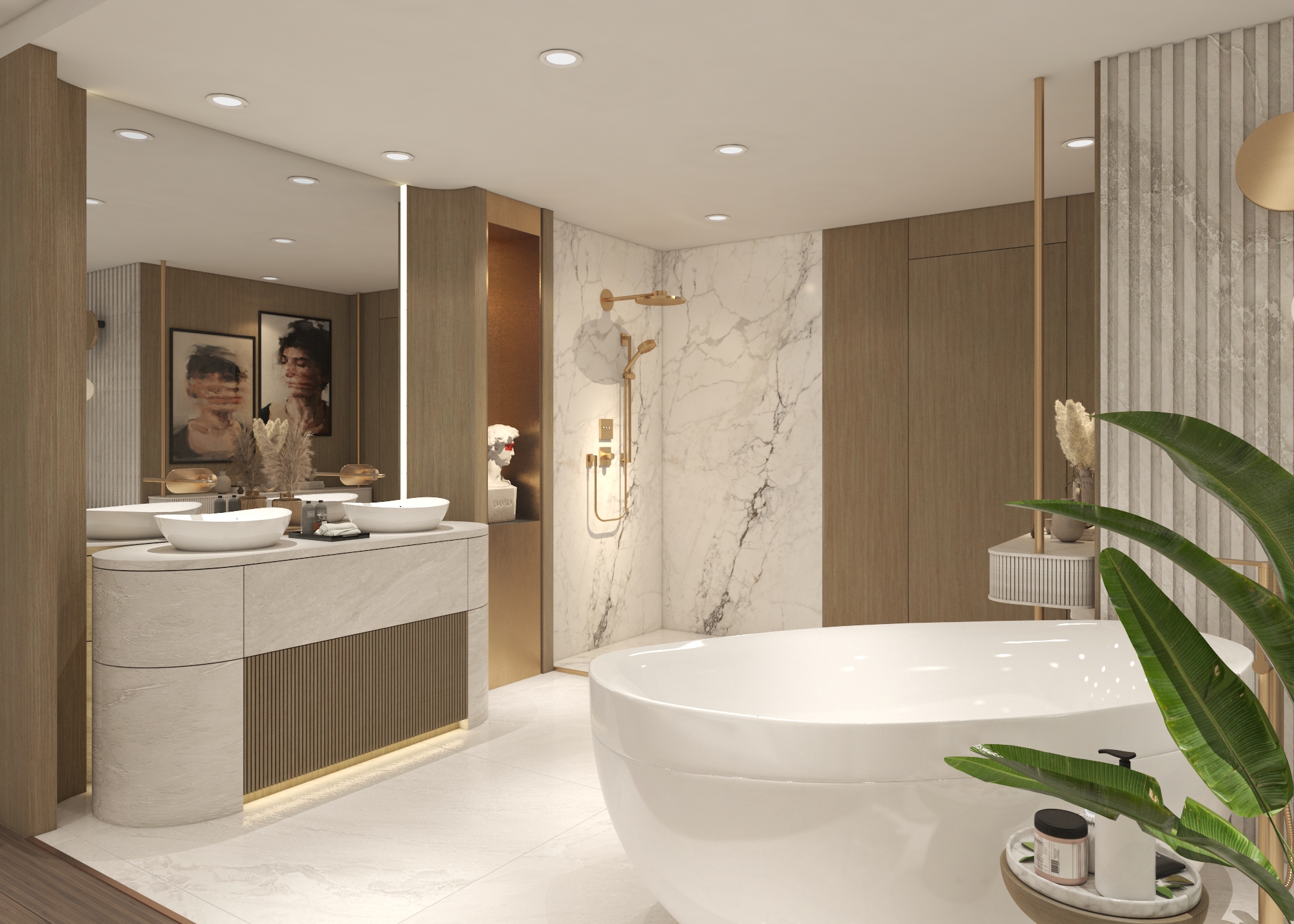 Phối cảnh showroom thiết bị phòng tắm với khu trưng bày trung tâm